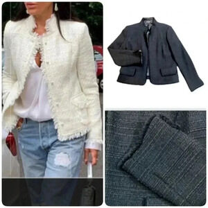 ELLEN TRACY CHIC PREPPY TWEED BLACK BLAZER WITH RAW EDGE TRIM